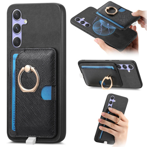 Samsung Galaxy A16 5G Retro Cross Leather Ring Side Insert Card Bag MagSafe Phone Case - Black
